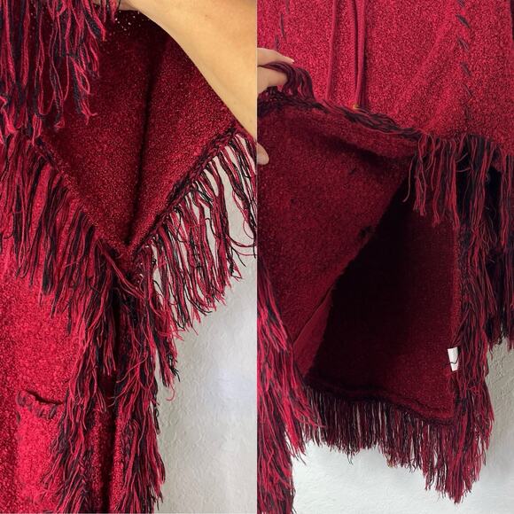 FM Red Knitted Poncho Size One Size Zip Front Hooded With Tassels, Boho, Gypsy - Picture 7 of 9